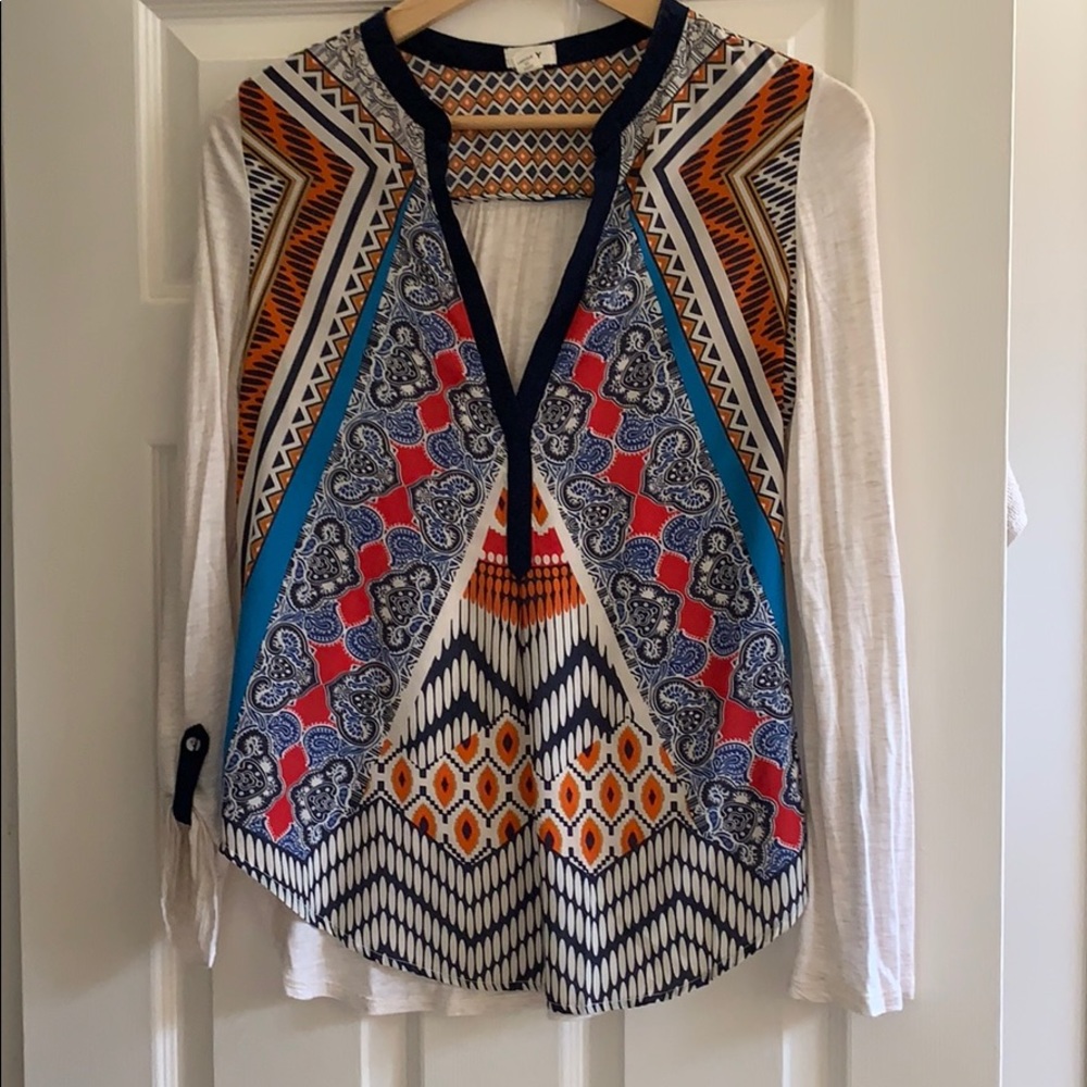 Anthropologie TINY Navy/Orange patterned top